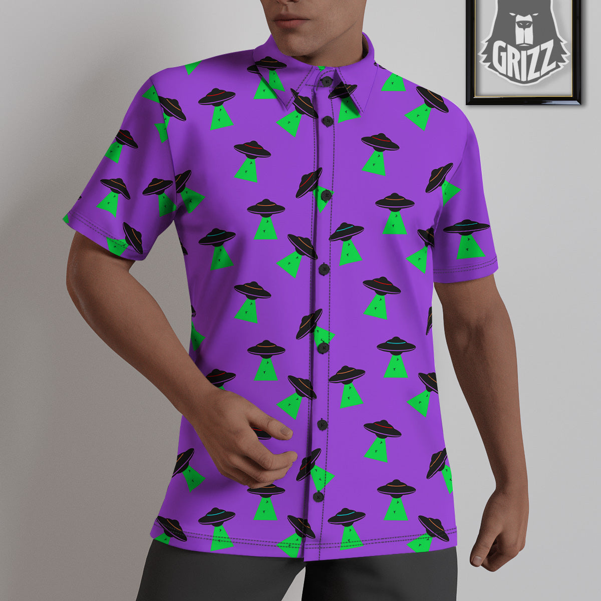 Purple UFO Alien Spaceship Print Pattern Untucked Shirts-grizzshop