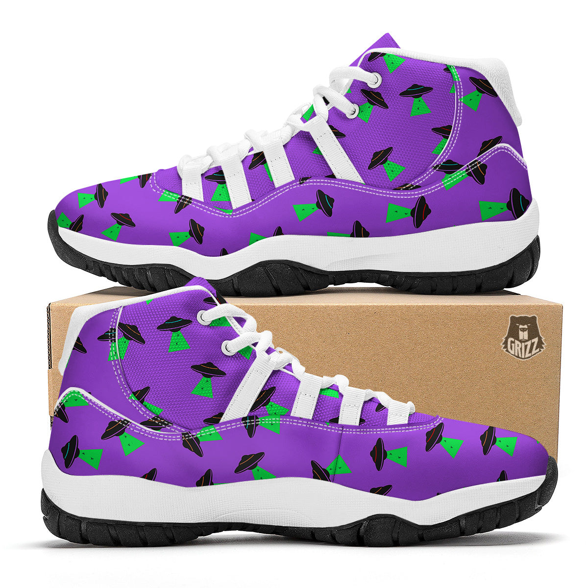 Purple UFO Alien Spaceship Print Pattern White Bball Shoes-grizzshop