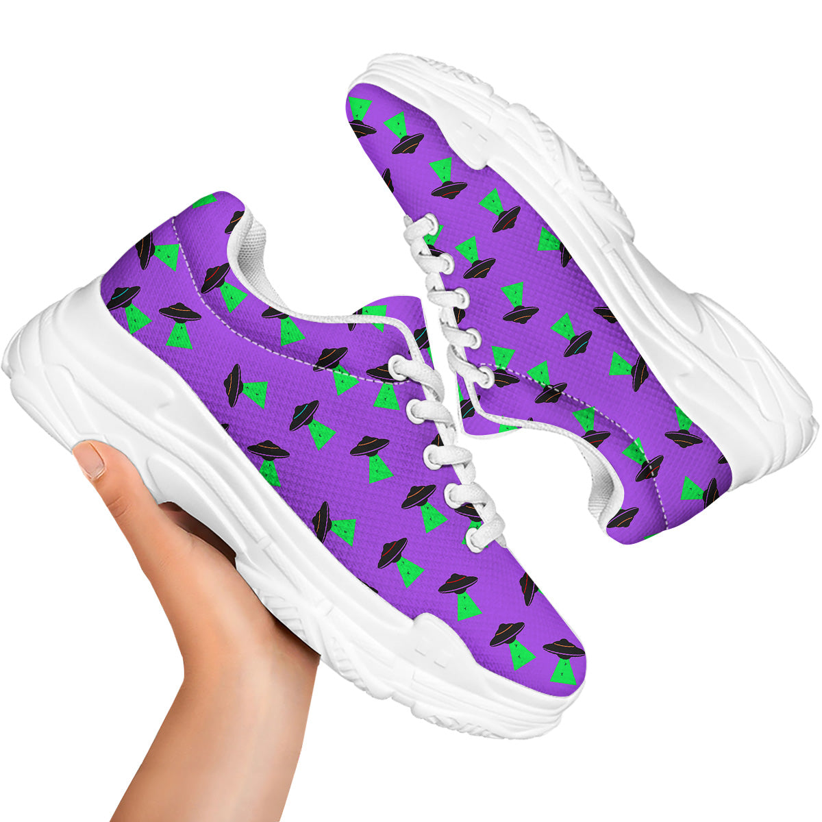 Purple UFO Alien Spaceship Print Pattern White Chunky Shoes-grizzshop