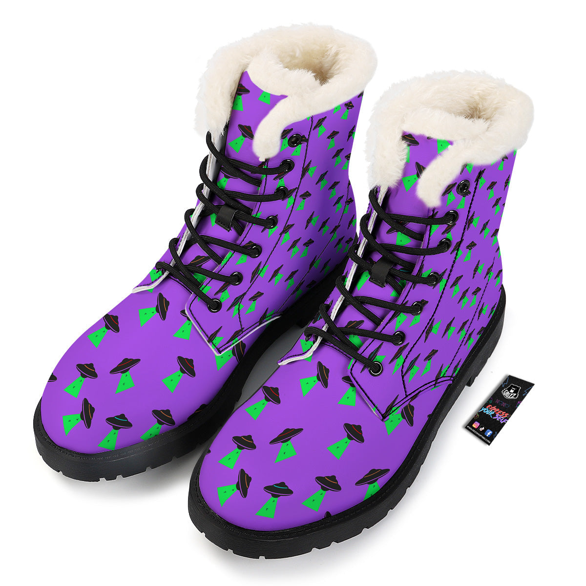 Purple UFO Alien Spaceship Print Pattern Winter Boots-grizzshop