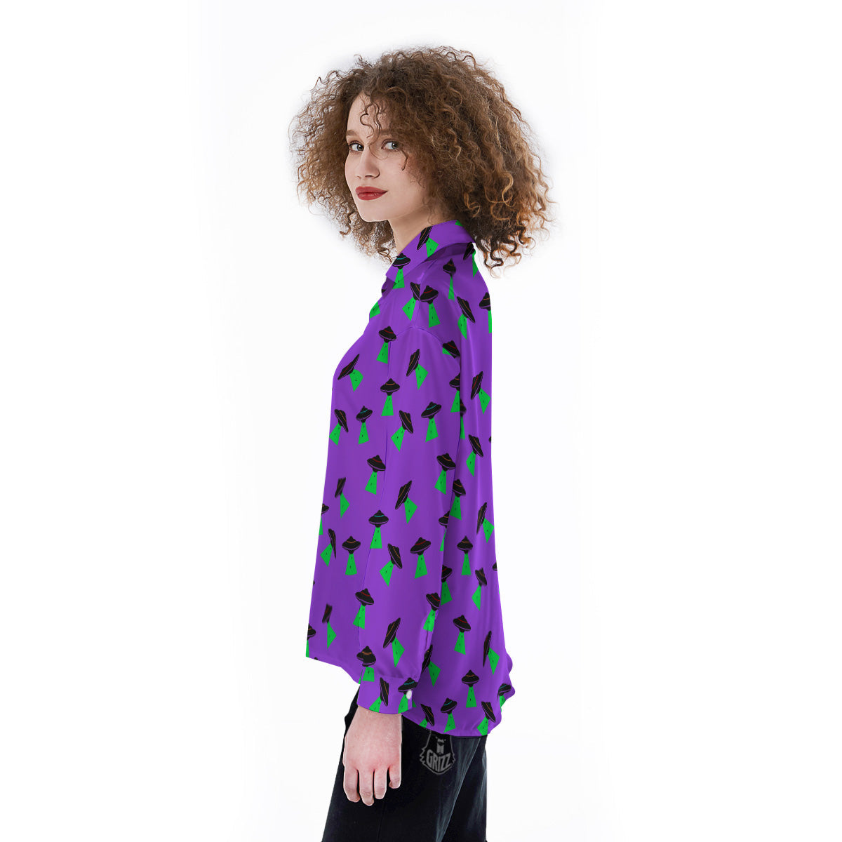 Purple UFO Alien Spaceship Print Pattern Women's Long Sleeve Shirts-grizzshop