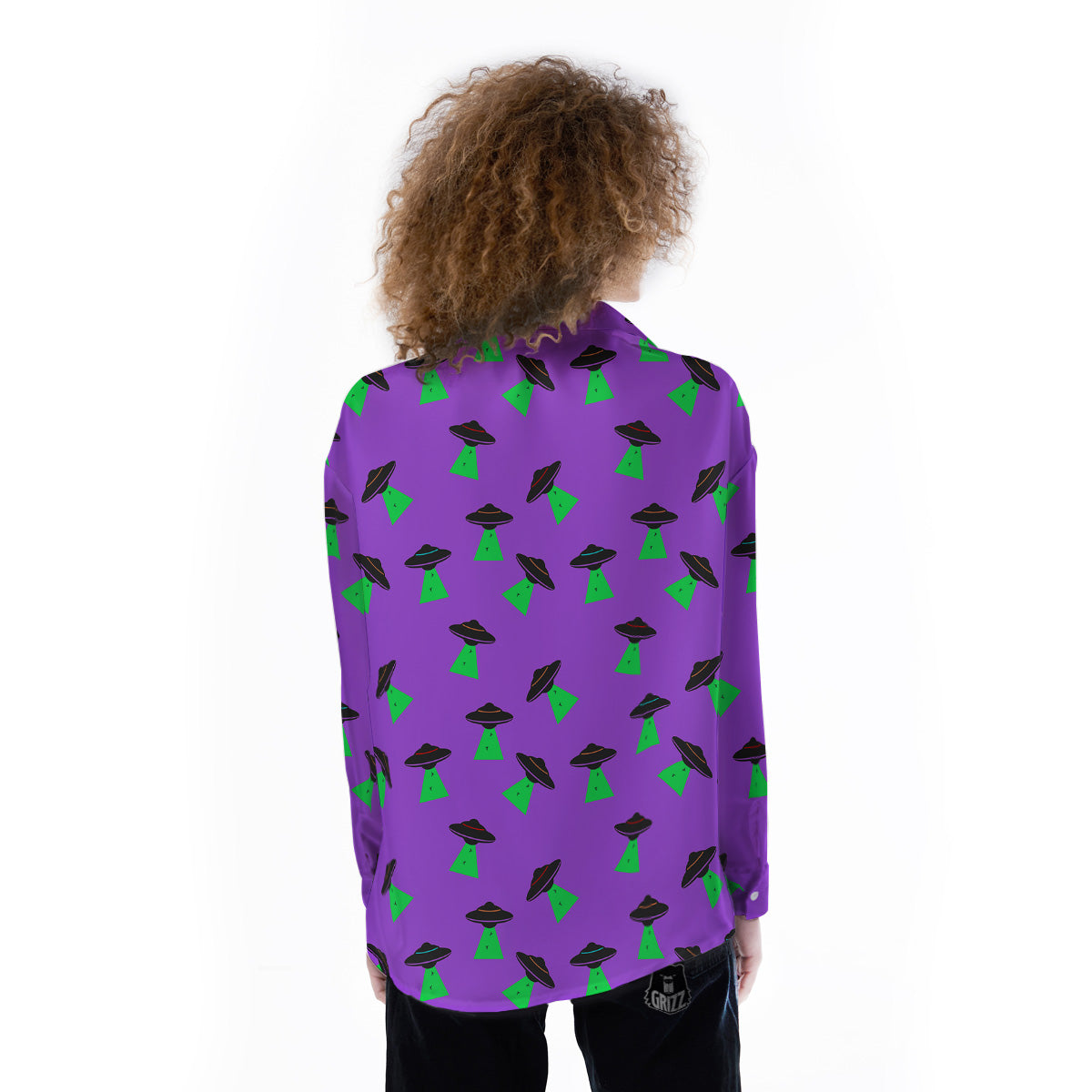 Purple UFO Alien Spaceship Print Pattern Women's Long Sleeve Shirts-grizzshop