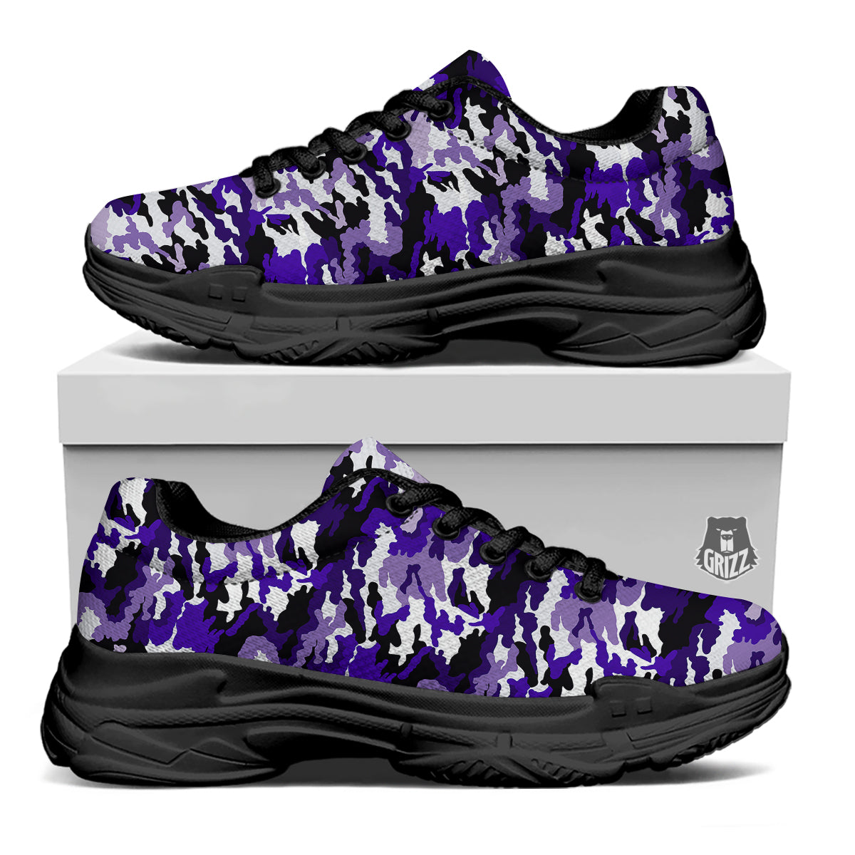 Purple White Abstract Camouflage Print Black Chunky Shoes-grizzshop