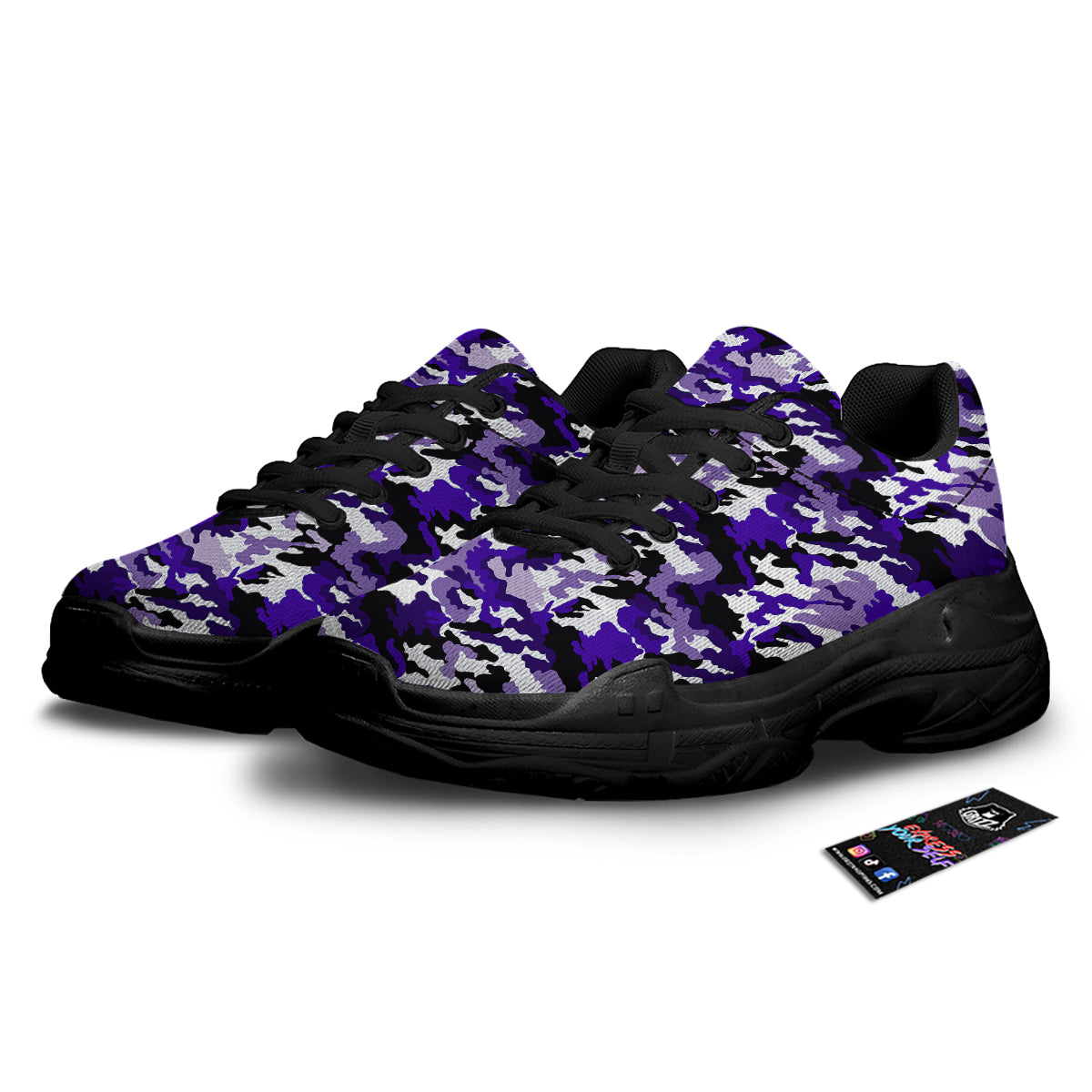 Purple White Abstract Camouflage Print Black Chunky Shoes-grizzshop