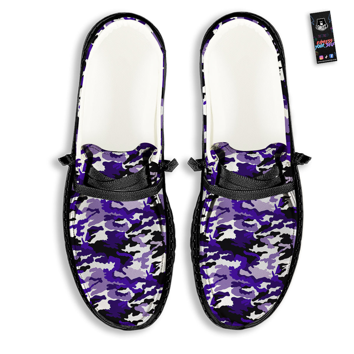 Purple White Abstract Camouflage Print Black Loafers-grizzshop