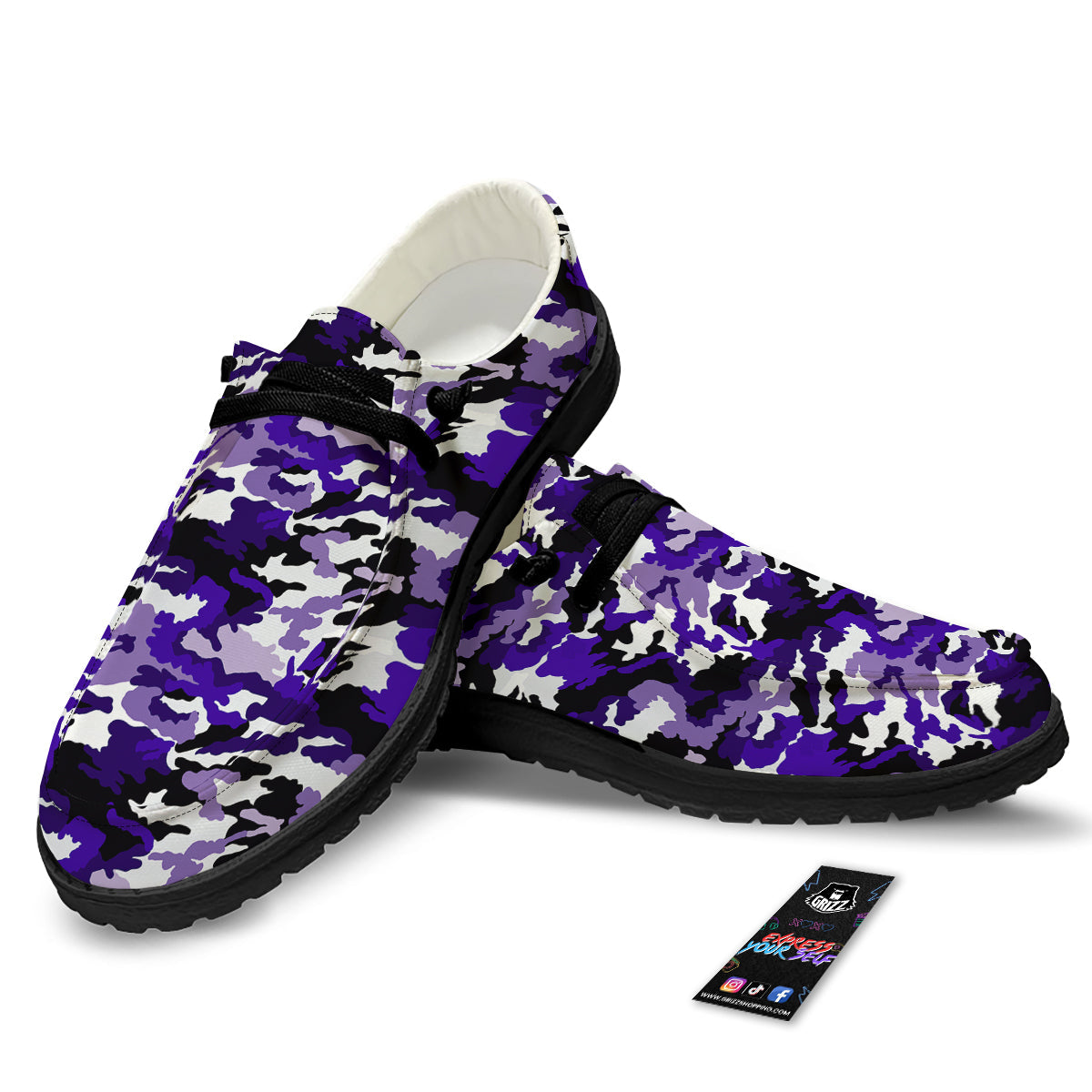 Purple White Abstract Camouflage Print Black Loafers-grizzshop