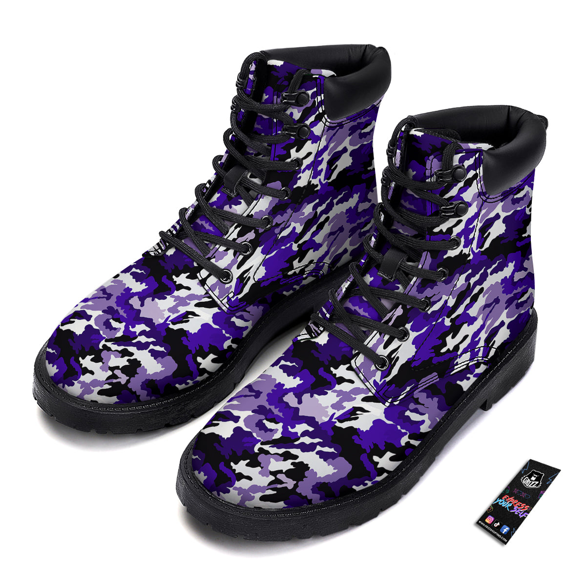 Purple White Abstract Camouflage Print Boots-grizzshop