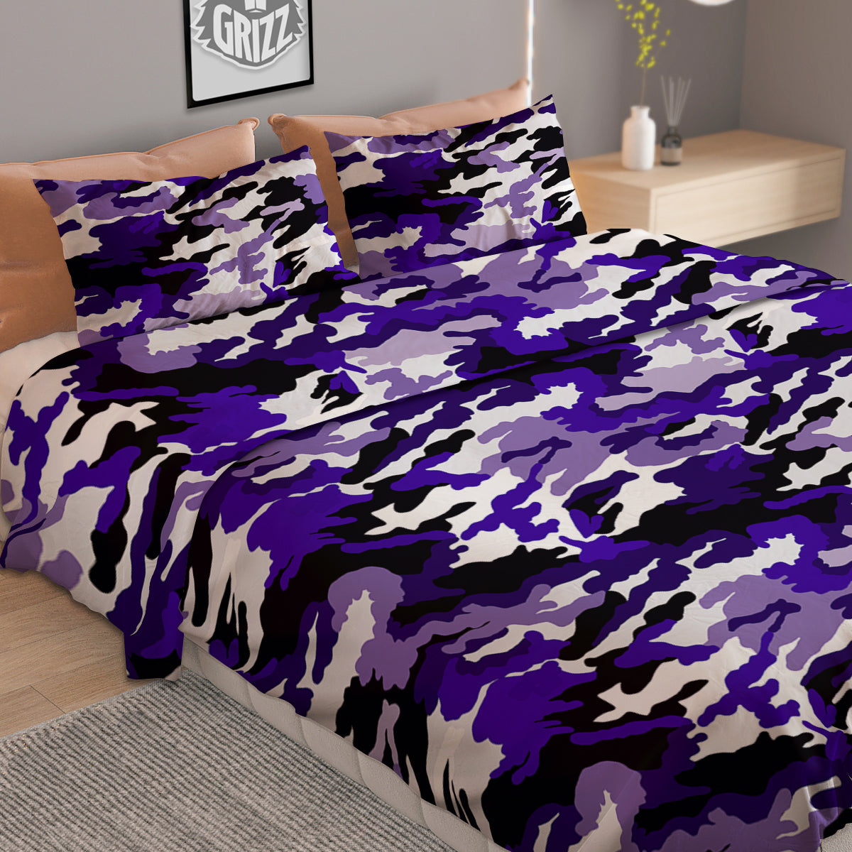 Purple White Abstract Camouflage Print Duvet Cover Bedding Set