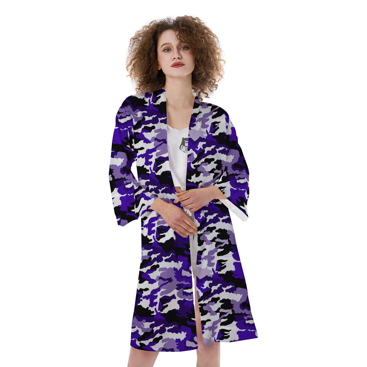 Purple White Abstract Camouflage Print Kimono-grizzshop