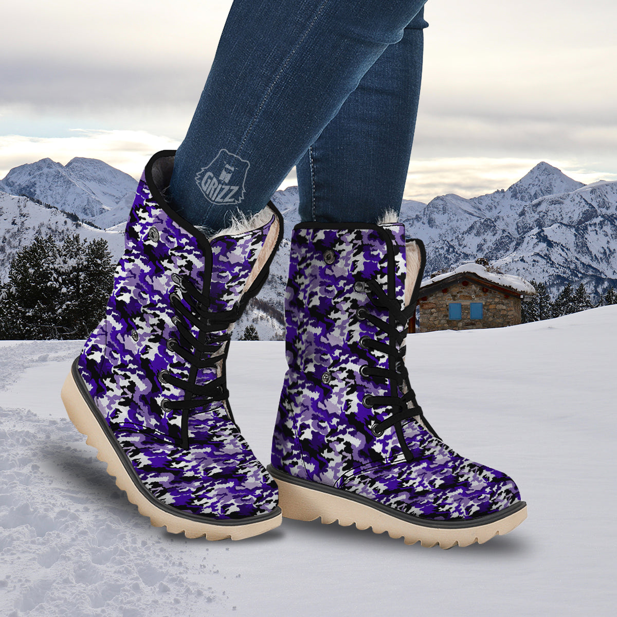 Purple White Abstract Camouflage Print Snow Boots-grizzshop