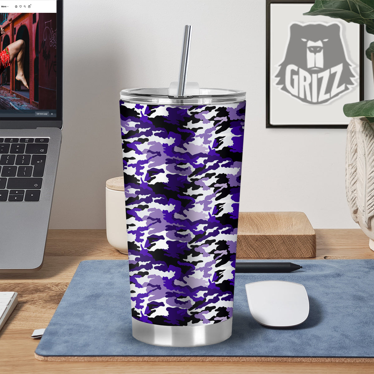 Purple White Abstract Camouflage Print Tumbler-grizzshop