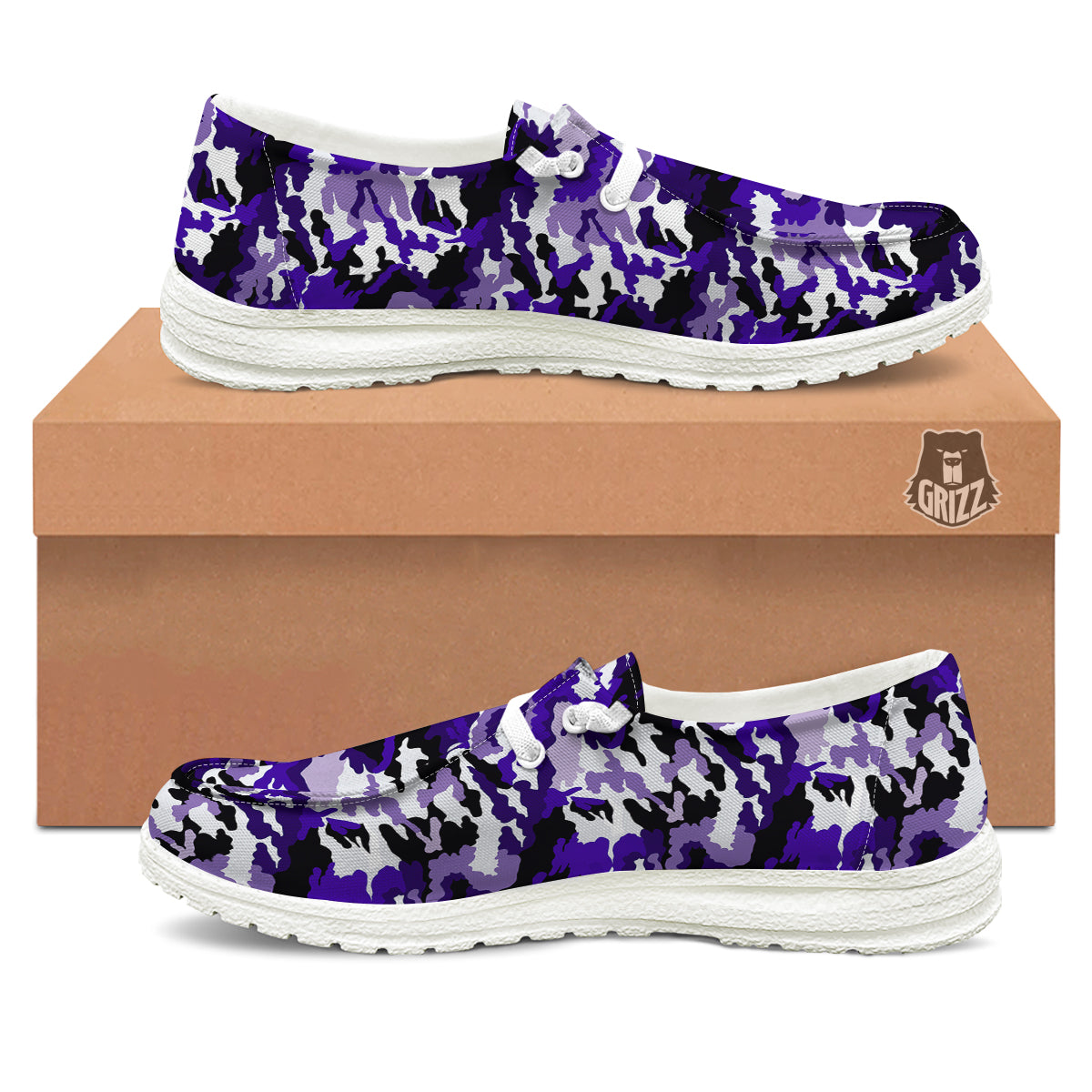 Purple White Abstract Camouflage Print White Loafers-grizzshop
