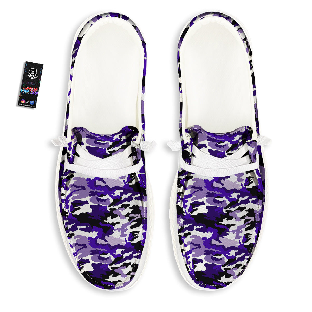 Purple White Abstract Camouflage Print White Loafers-grizzshop
