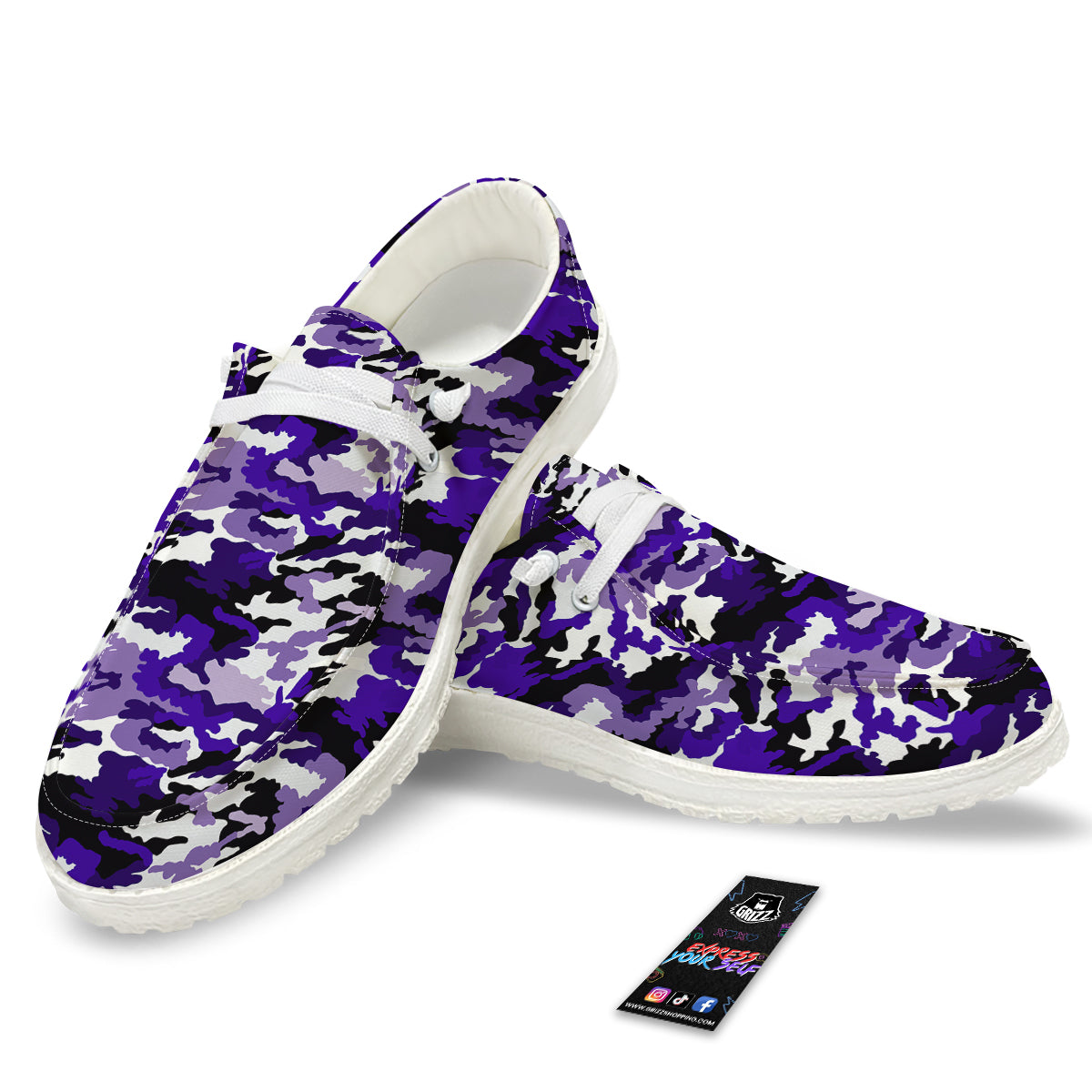 Purple White Abstract Camouflage Print White Loafers-grizzshop