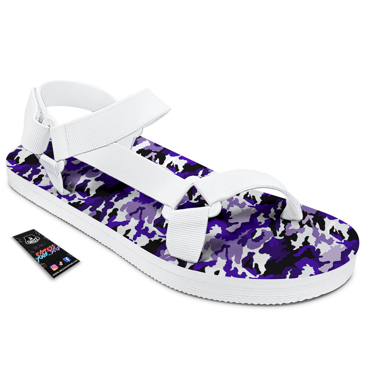 Purple White Abstract Camouflage Print White Open Toe Sandals-grizzshop