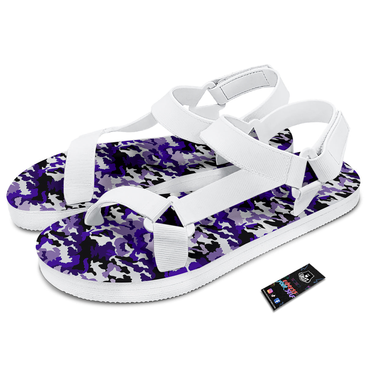 Purple White Abstract Camouflage Print White Open Toe Sandals-grizzshop