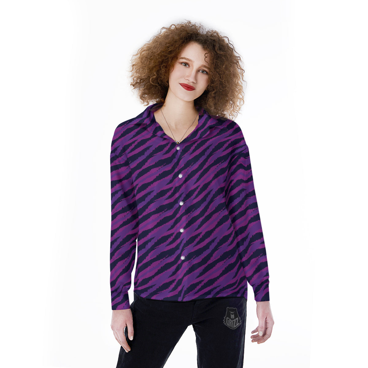 Purple Zebra Print Women's Long Sleeve Shirts-grizzshop
