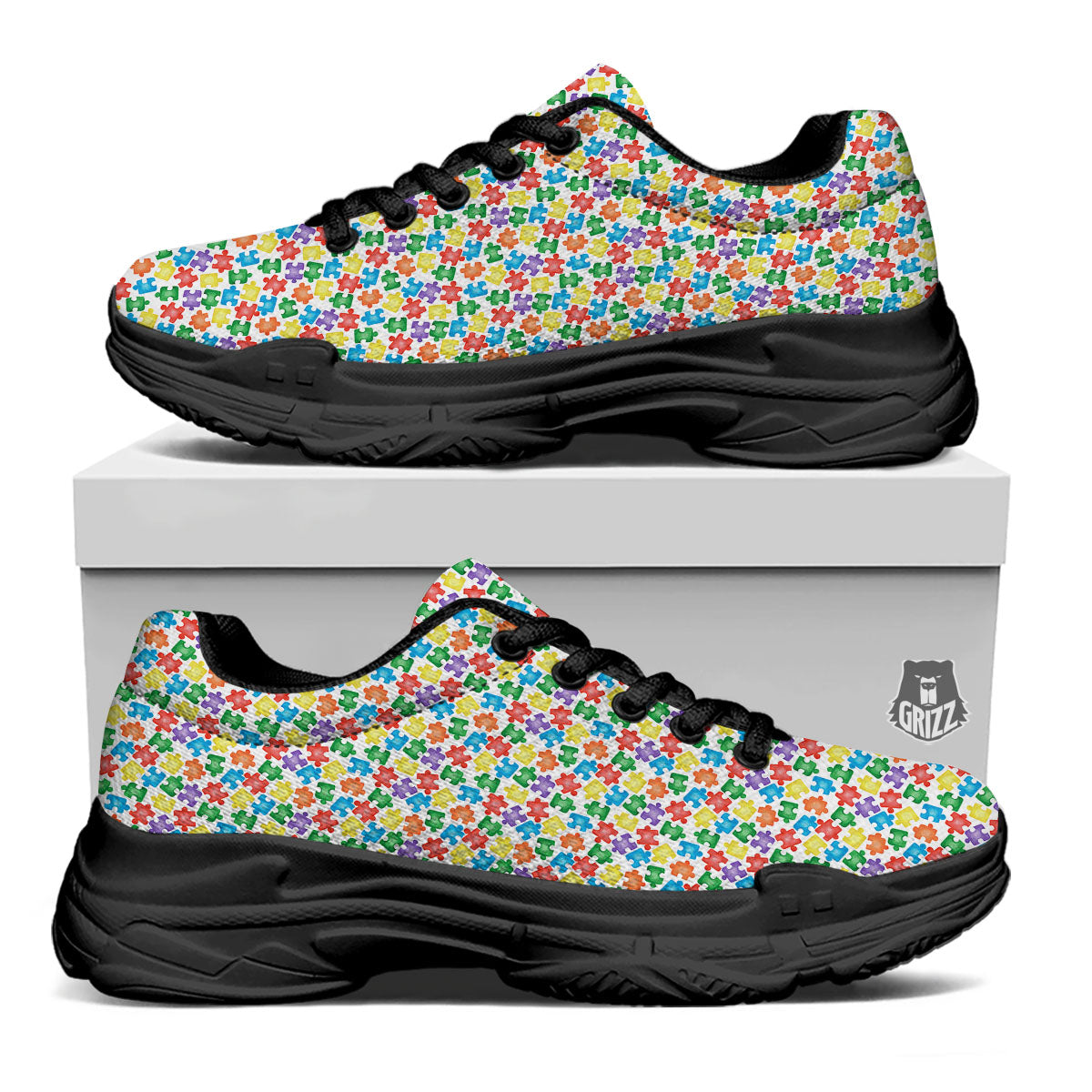 Puzzle Autism Awareness Print Black Chunky Shoes-grizzshop