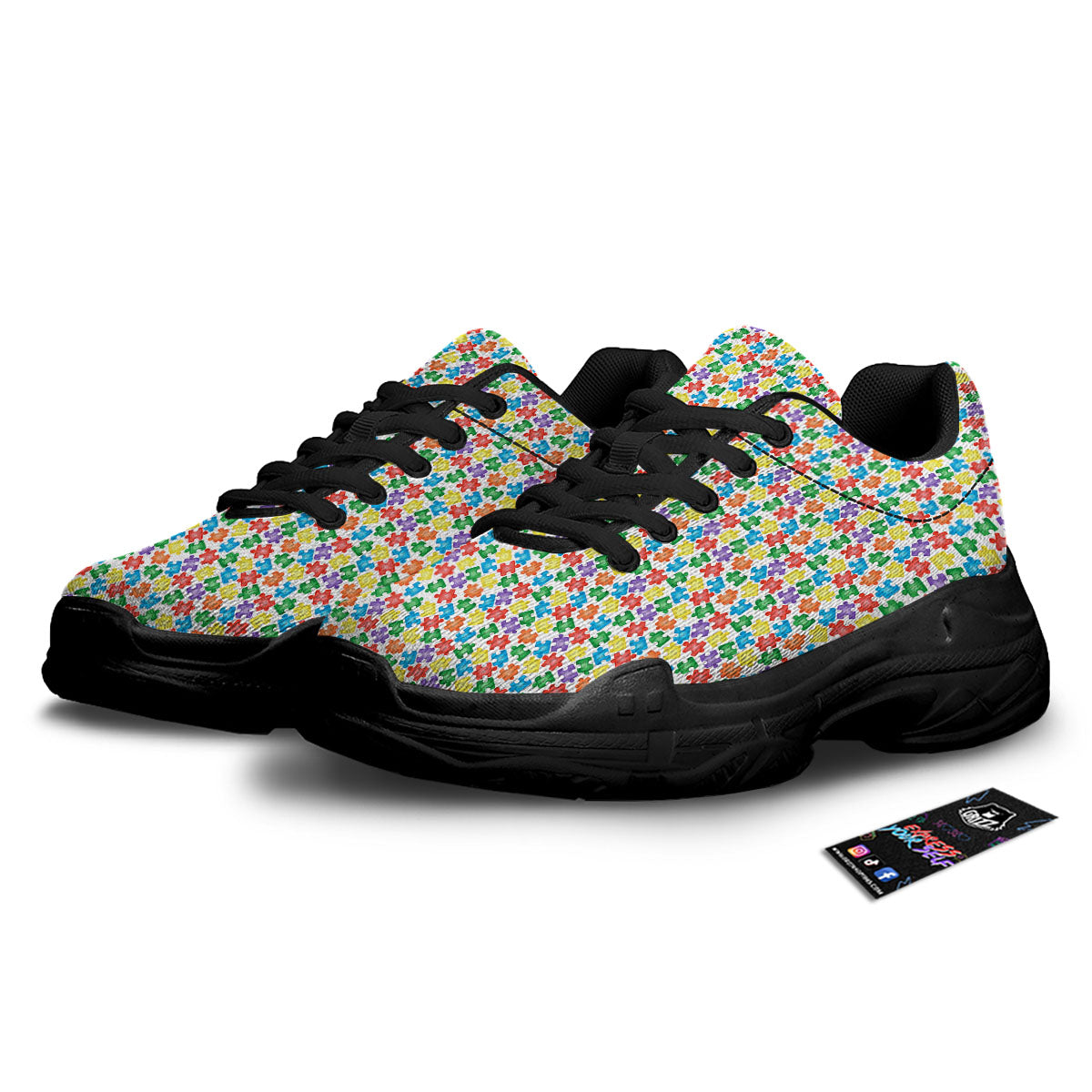 Puzzle Autism Awareness Print Black Chunky Shoes-grizzshop