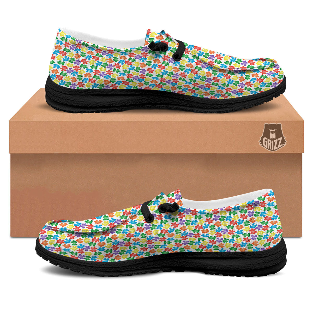 Puzzle Autism Awareness Print Black Loafers-grizzshop