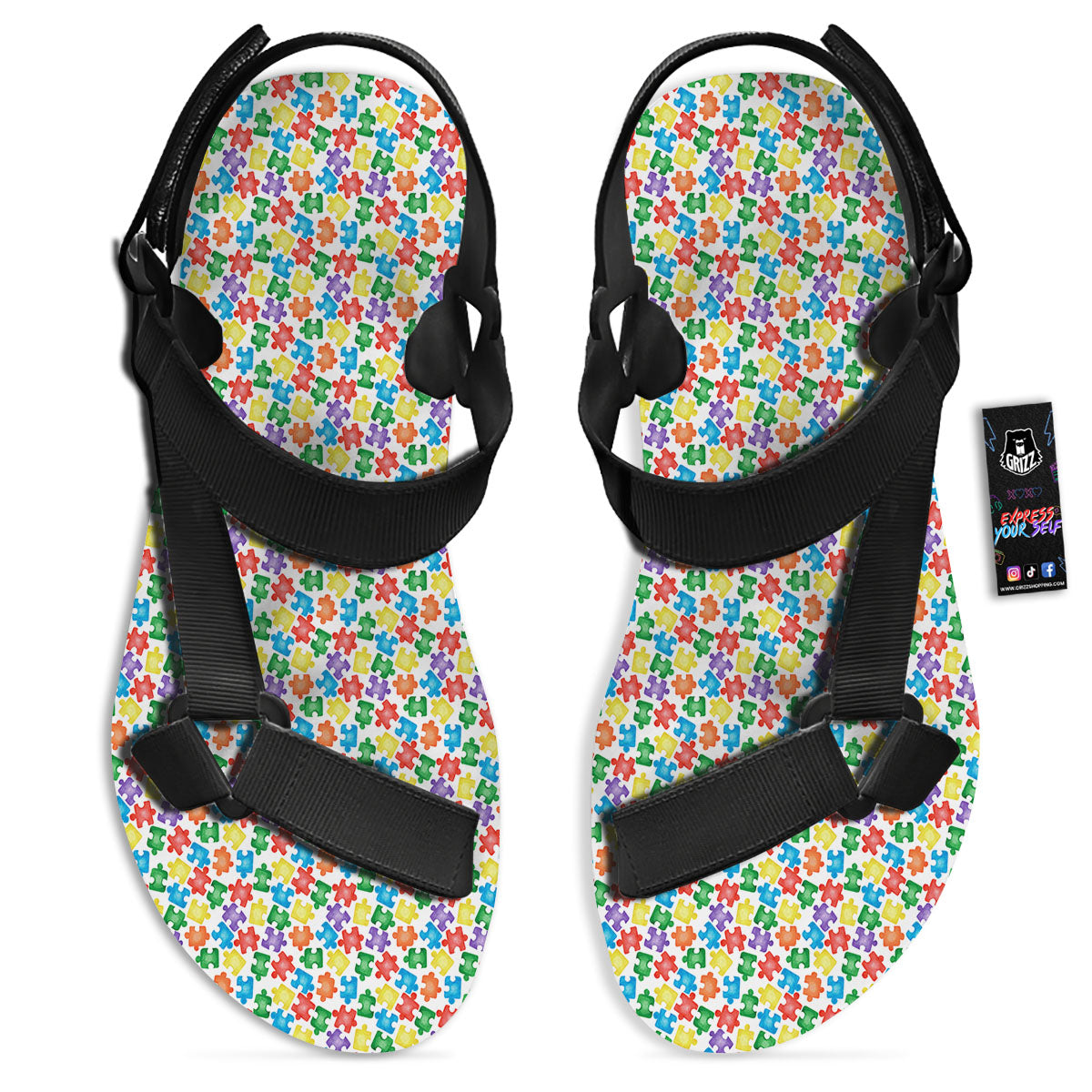 Puzzle Autism Awareness Print Black Open Toe Sandals-grizzshop