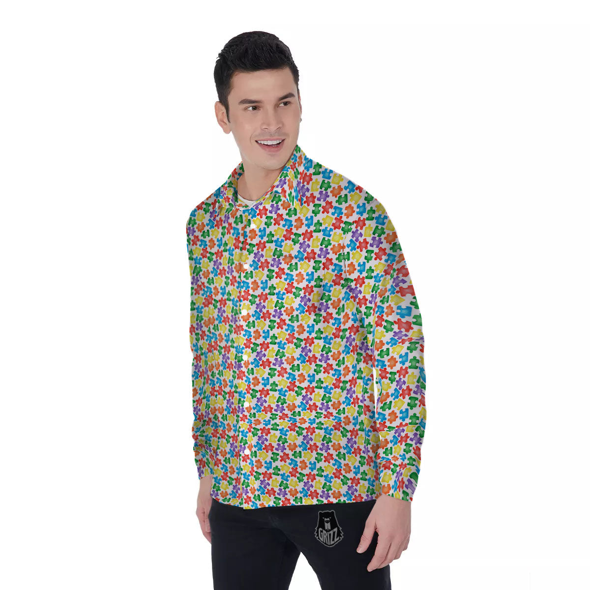 Puzzle Autism Awareness Print Men's Long Sleeve Shirts-grizzshop