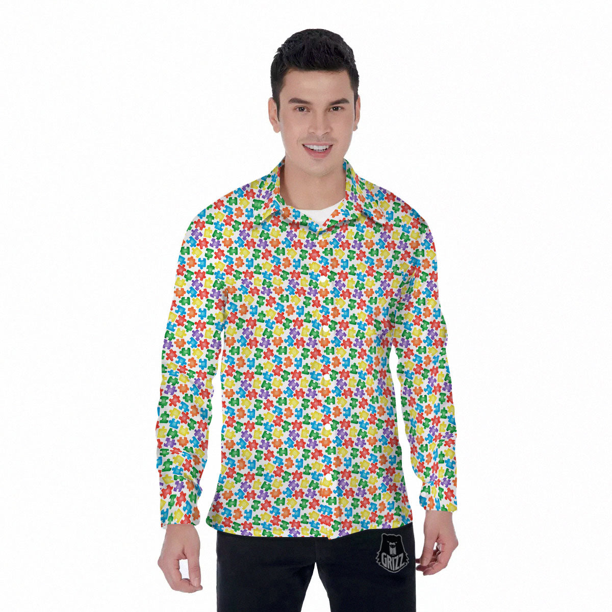 Puzzle Autism Awareness Print Men's Long Sleeve Shirts-grizzshop