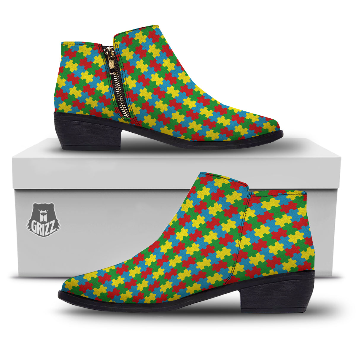 Puzzle Autism Awareness Print Pattern Ankle Boots-grizzshop