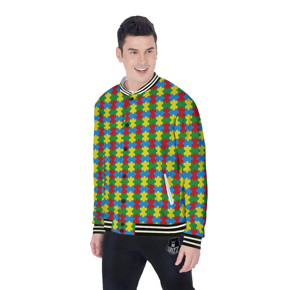 Puzzle Autism Awareness Print Pattern Baseball Jacket-grizzshop