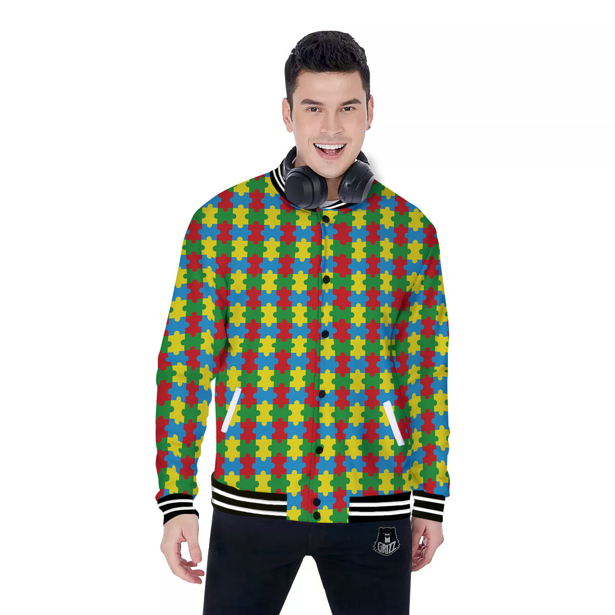 Puzzle Autism Awareness Print Pattern Baseball Jacket-grizzshop
