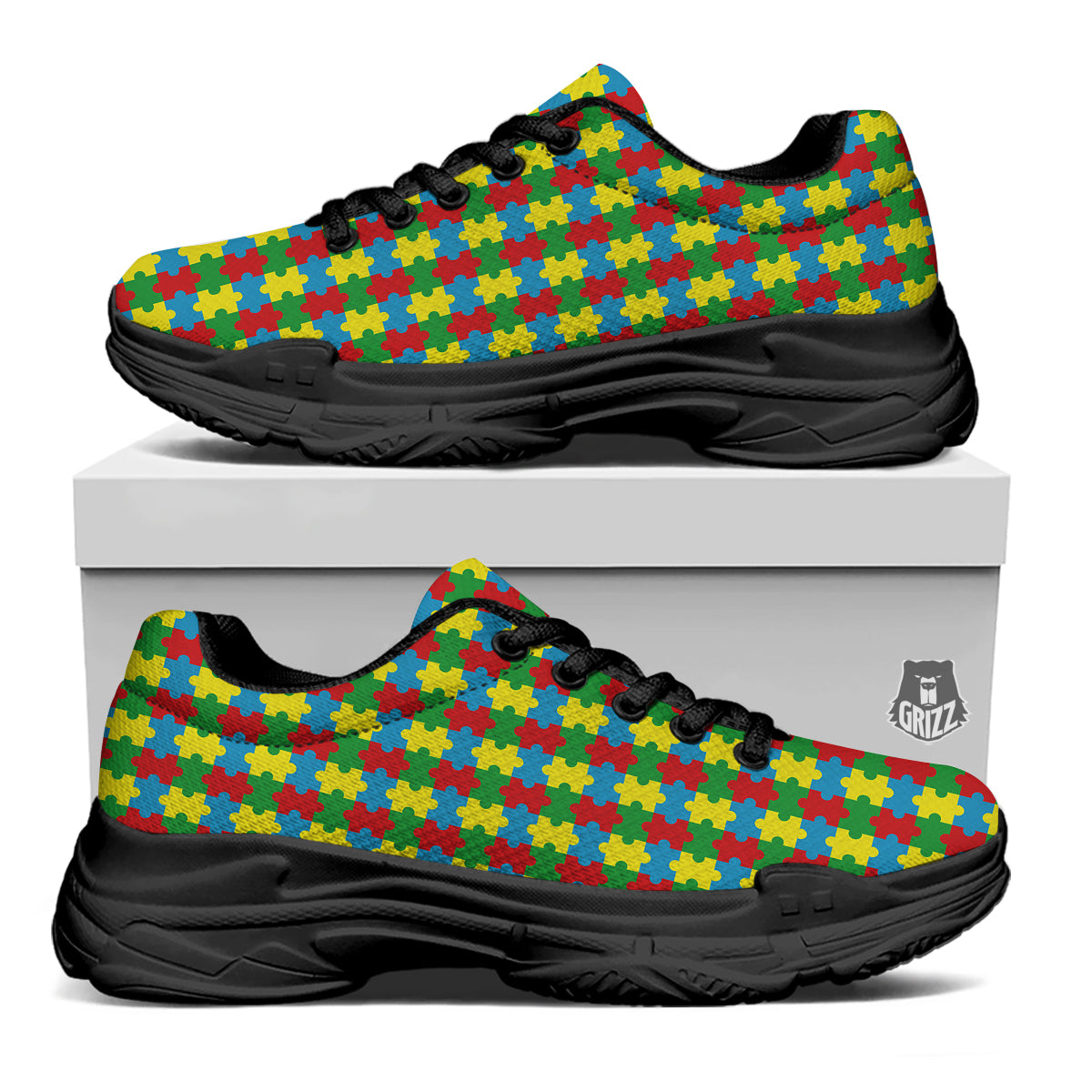 Puzzle Autism Awareness Print Pattern Black Chunky Shoes-grizzshop