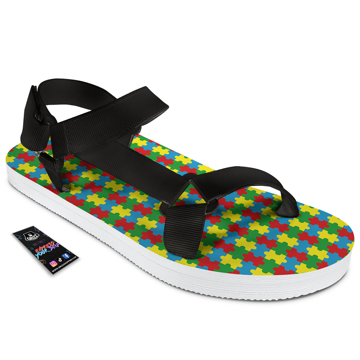 Puzzle Autism Awareness Print Pattern Black Open Toe Sandals-grizzshop