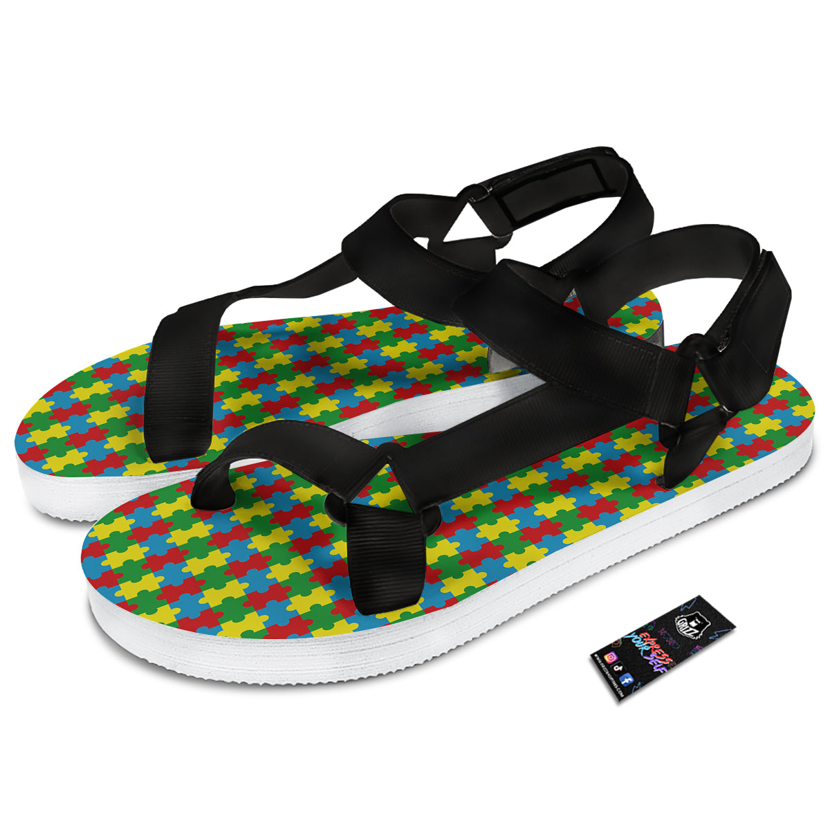 Puzzle Autism Awareness Print Pattern Black Open Toe Sandals-grizzshop