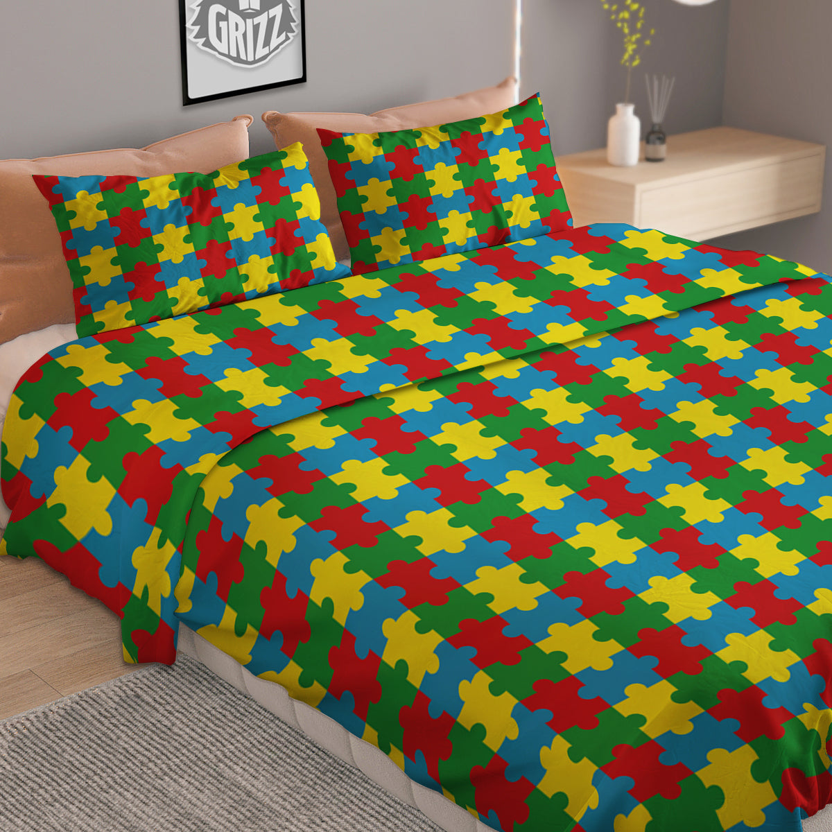 Puzzle Autism Awareness Print Pattern Duvet Cover Bedding Set