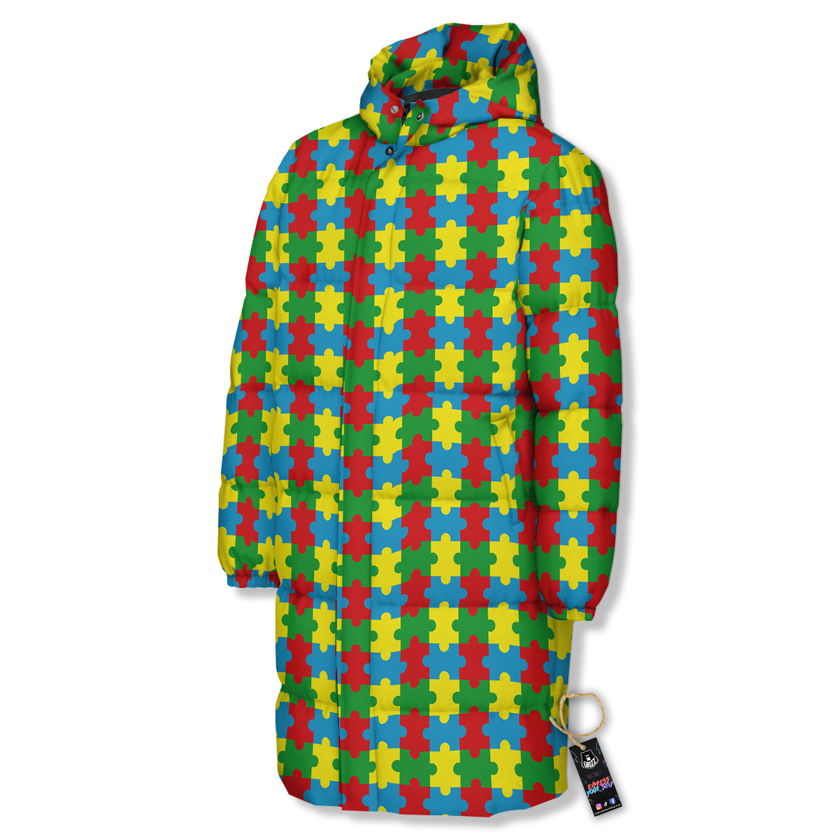 Puzzle Autism Awareness Print Pattern Long Down Jacket-grizzshop