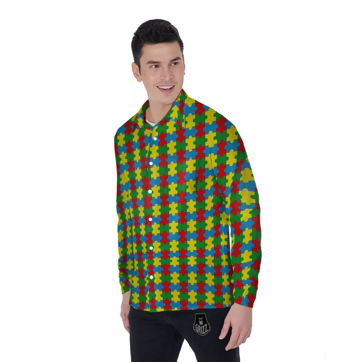 Puzzle Autism Awareness Print Pattern Men's Long Sleeve Shirts-grizzshop