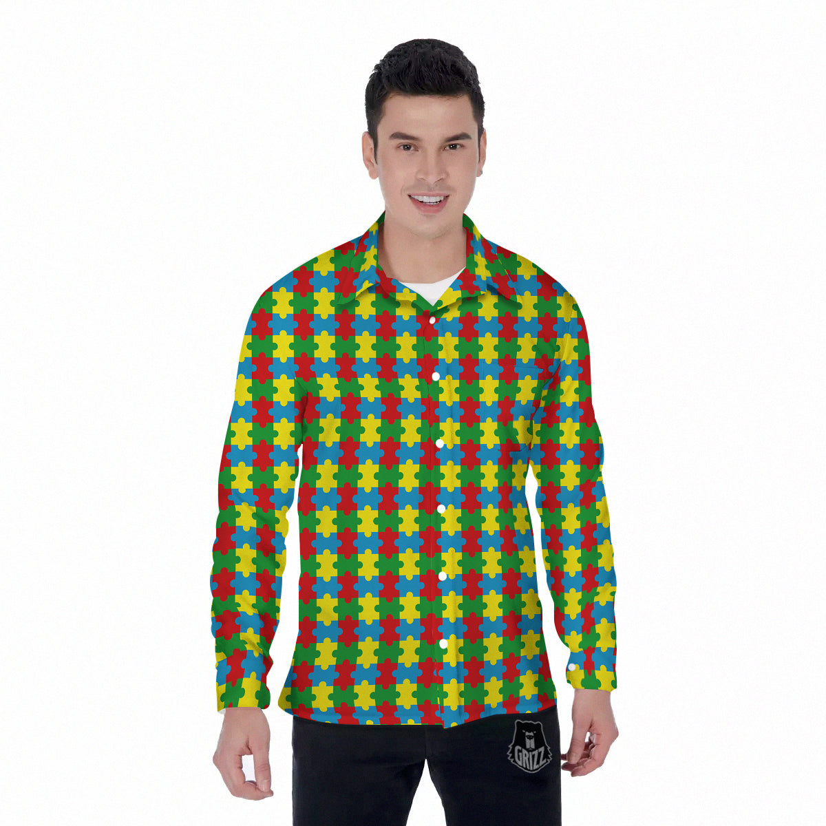 Puzzle Autism Awareness Print Pattern Men's Long Sleeve Shirts-grizzshop