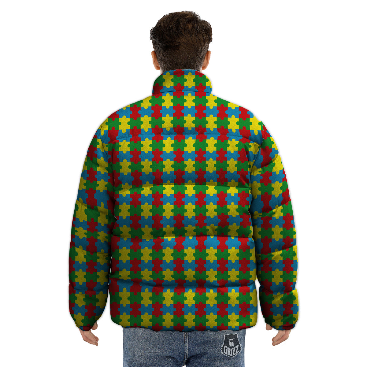 Puzzle Autism Awareness Print Pattern Puffer Jacket-grizzshop
