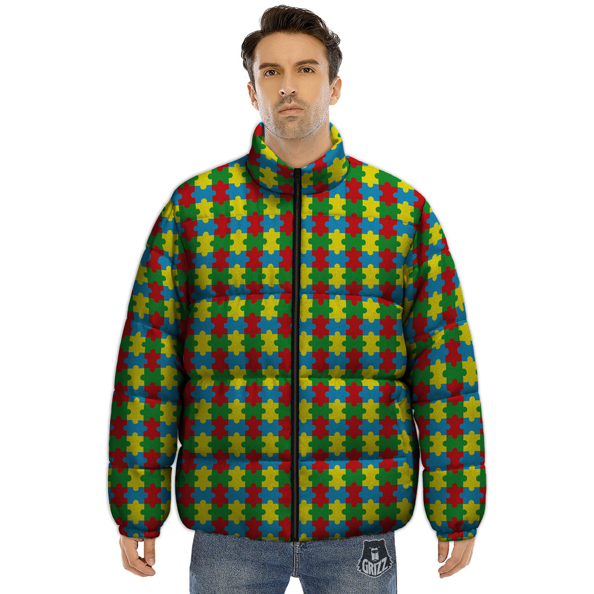 Puzzle Autism Awareness Print Pattern Puffer Jacket-grizzshop