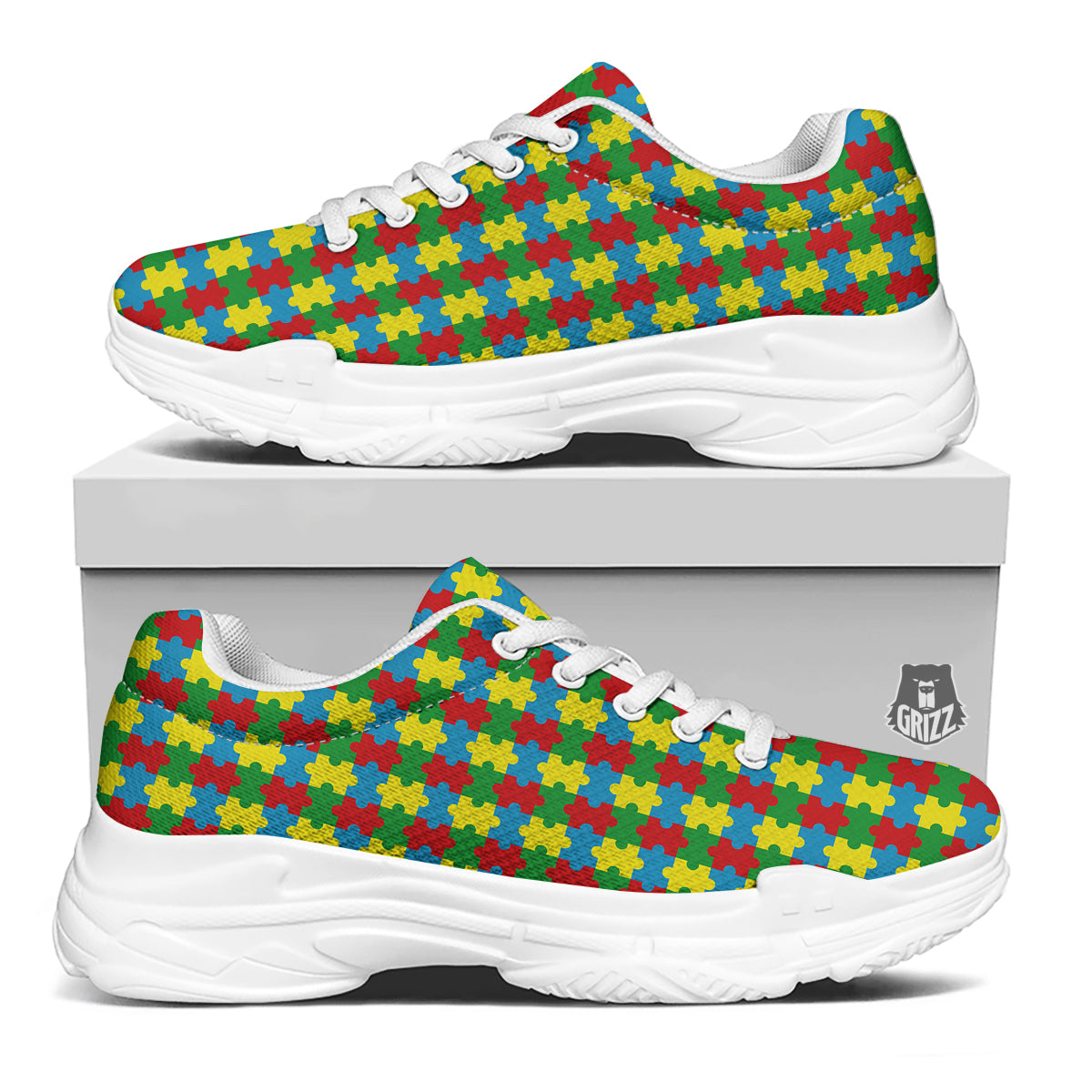 Puzzle Autism Awareness Print Pattern White Chunky Shoes-grizzshop