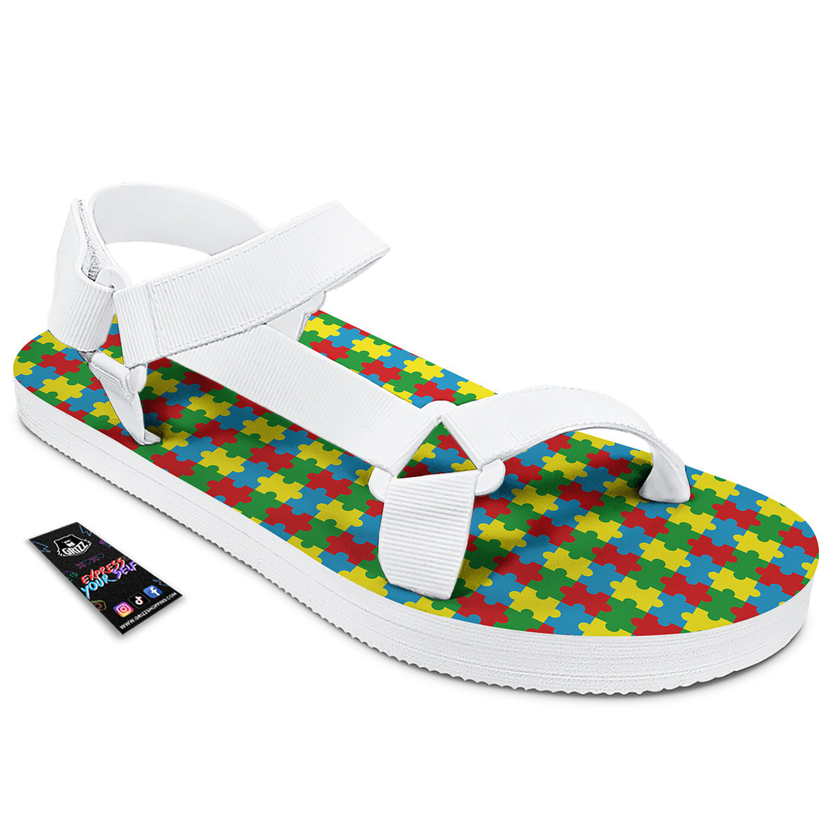 Puzzle Autism Awareness Print Pattern White Open Toe Sandals-grizzshop