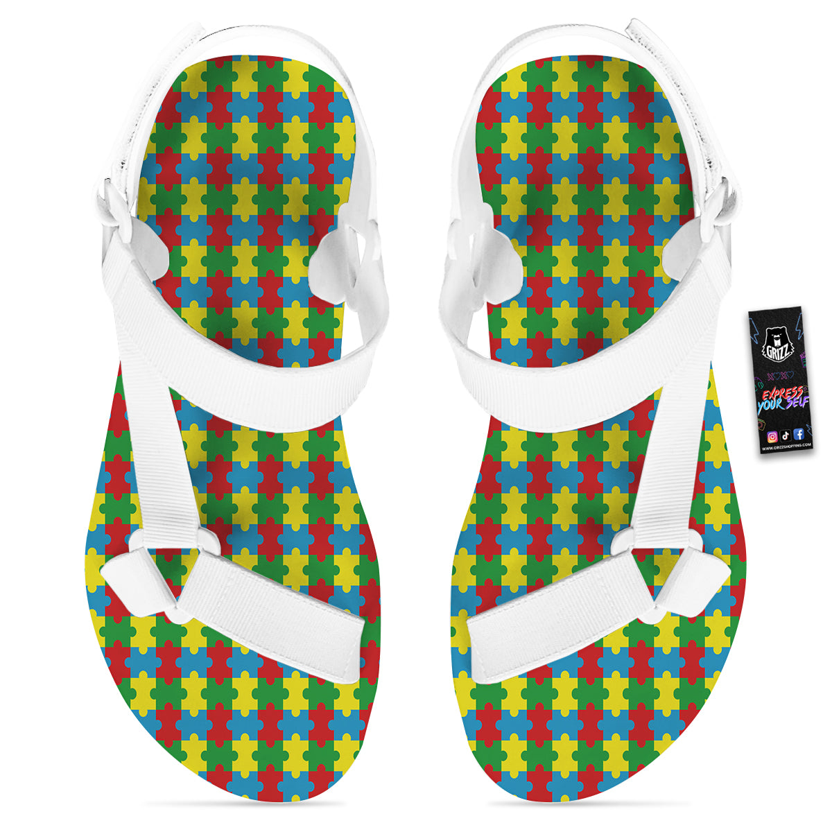 Puzzle Autism Awareness Print Pattern White Open Toe Sandals-grizzshop