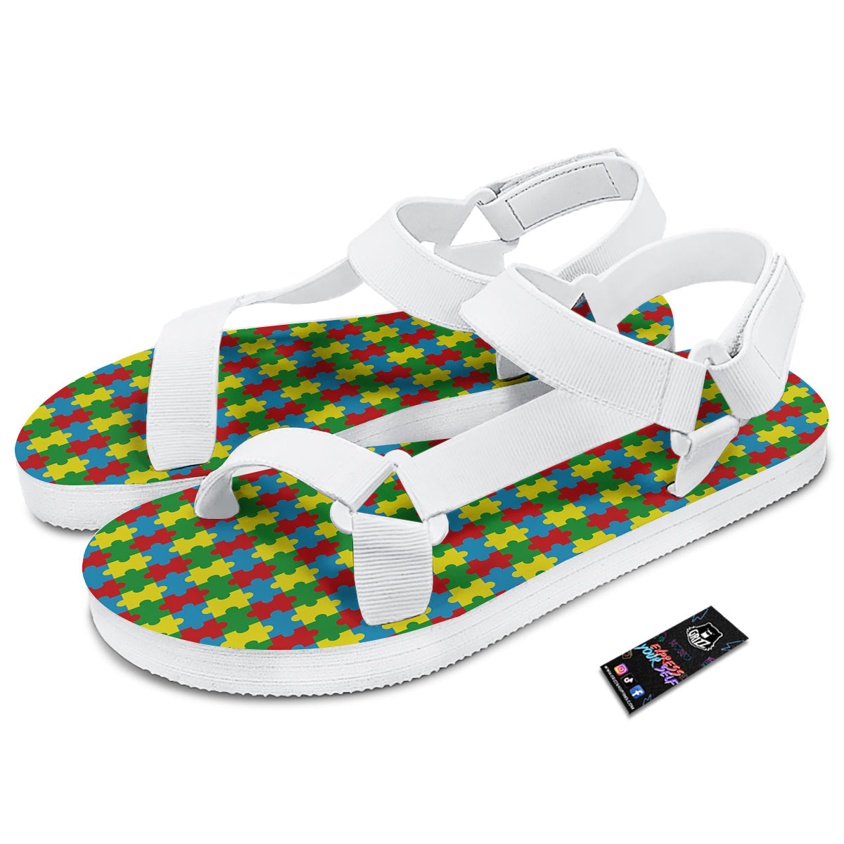 Puzzle Autism Awareness Print Pattern White Open Toe Sandals-grizzshop