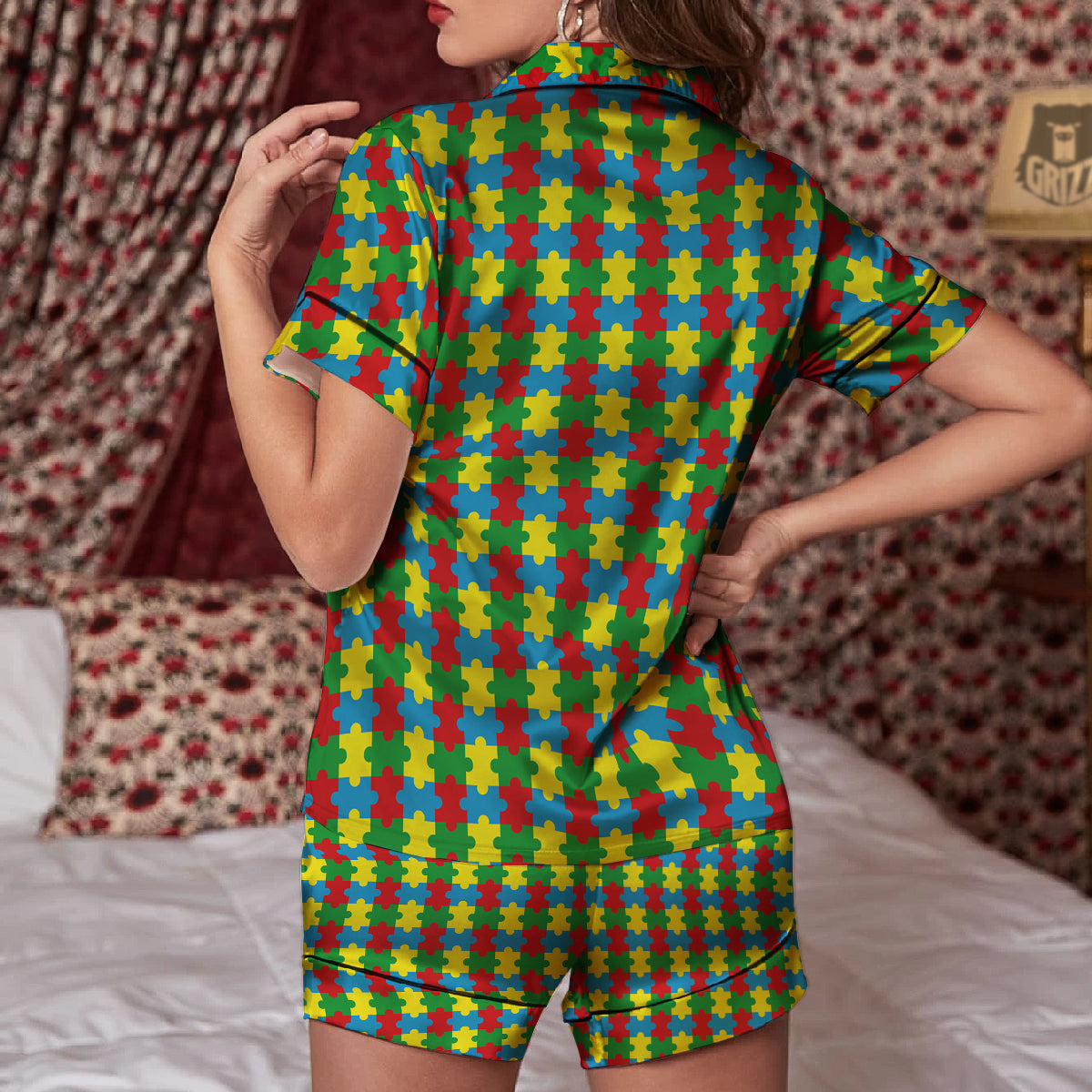 Puzzle Autism Awareness Print Pattern Women Silk Pajamas-grizzshop