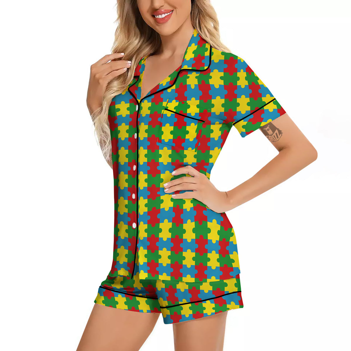 Puzzle Autism Awareness Print Pattern Women Silk Pajamas-grizzshop