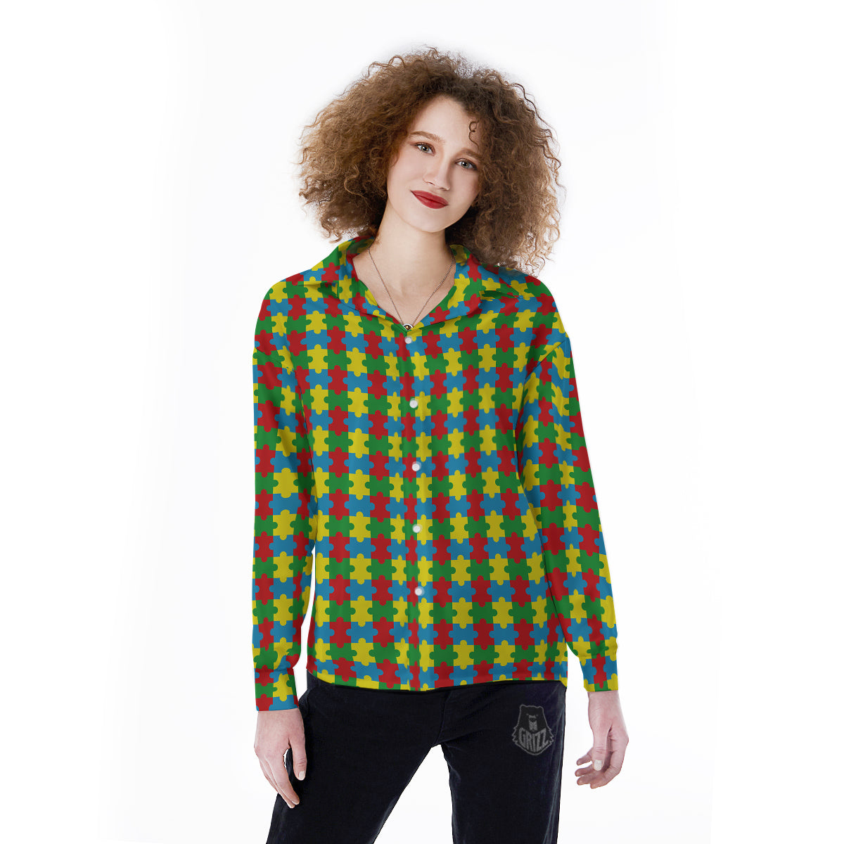 Puzzle Autism Awareness Print Pattern Women's Long Sleeve Shirts-grizzshop