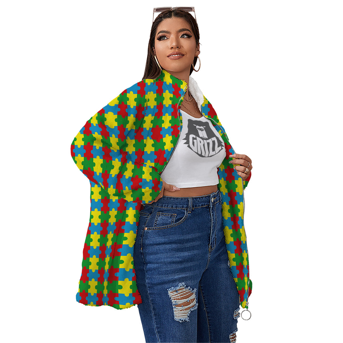 Puzzle Autism Awareness Print Pattern Women's Sherpa Jacket-grizzshop