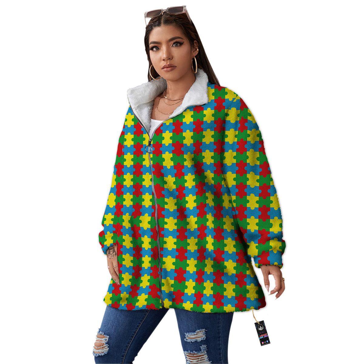 Puzzle Autism Awareness Print Pattern Women's Sherpa Jacket-grizzshop