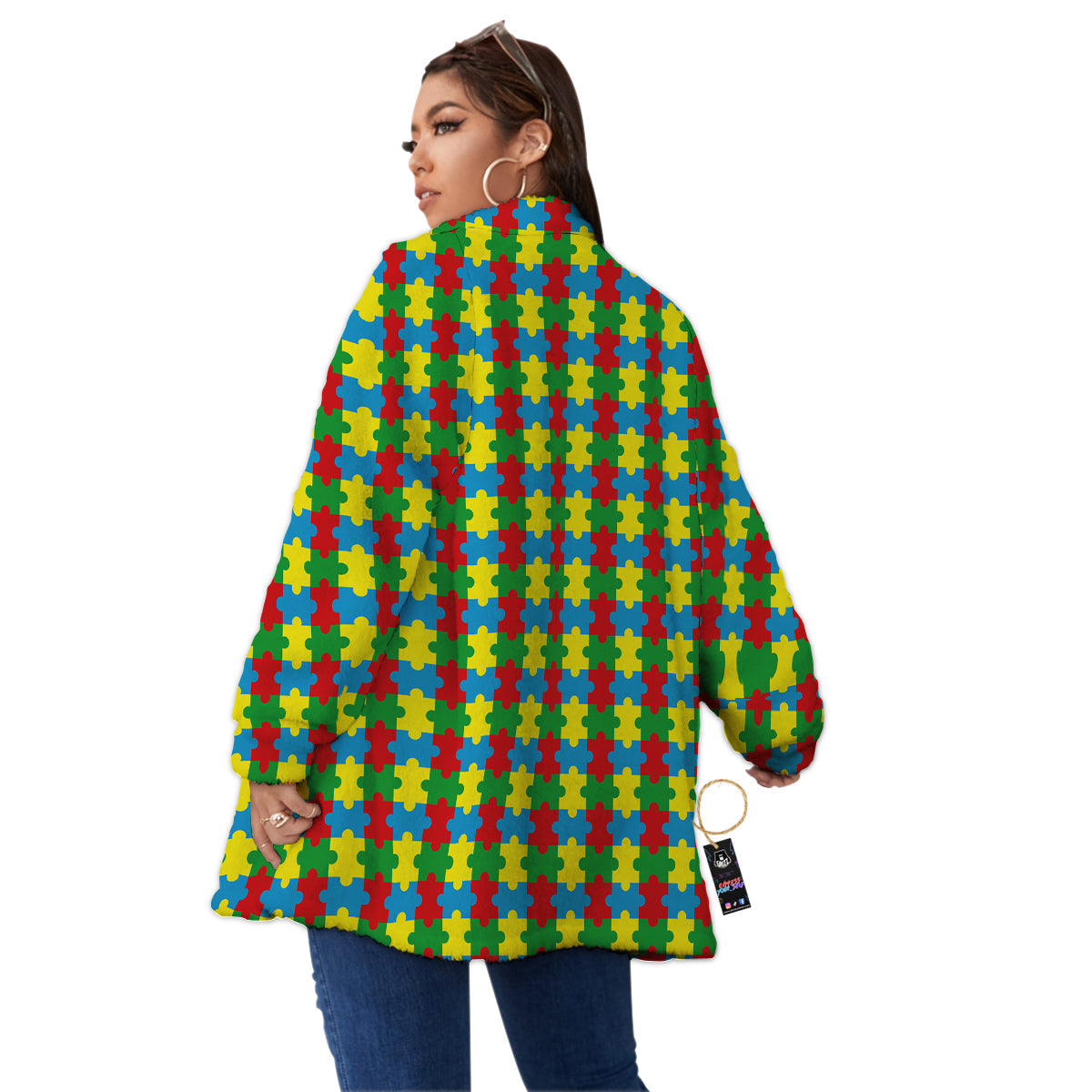 Puzzle Autism Awareness Print Pattern Women's Sherpa Jacket-grizzshop