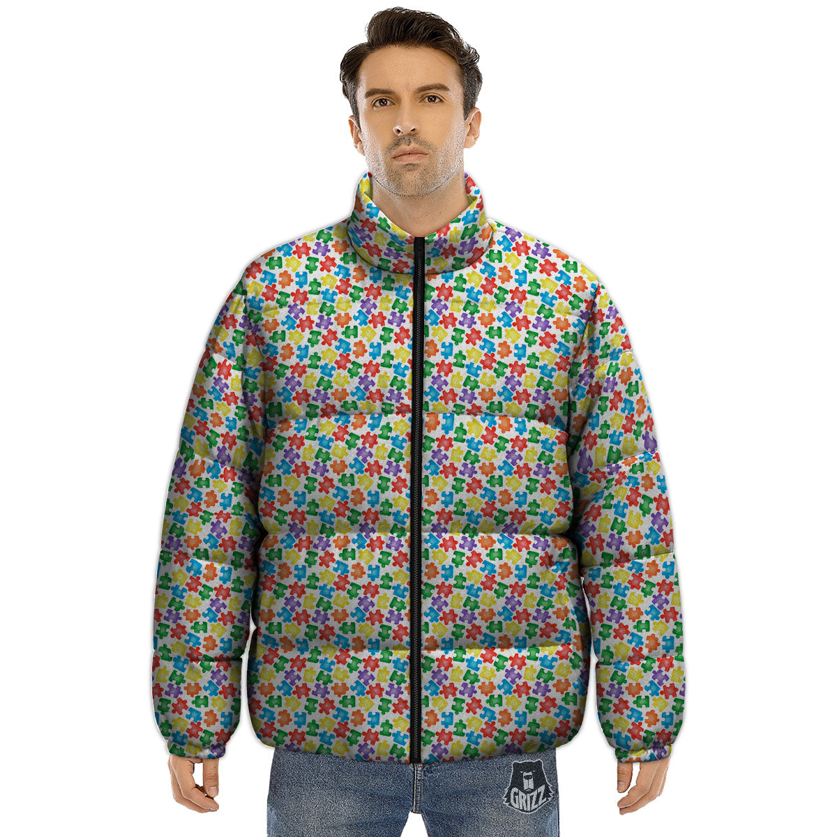 Puzzle Autism Awareness Print Puffer Jacket-grizzshop
